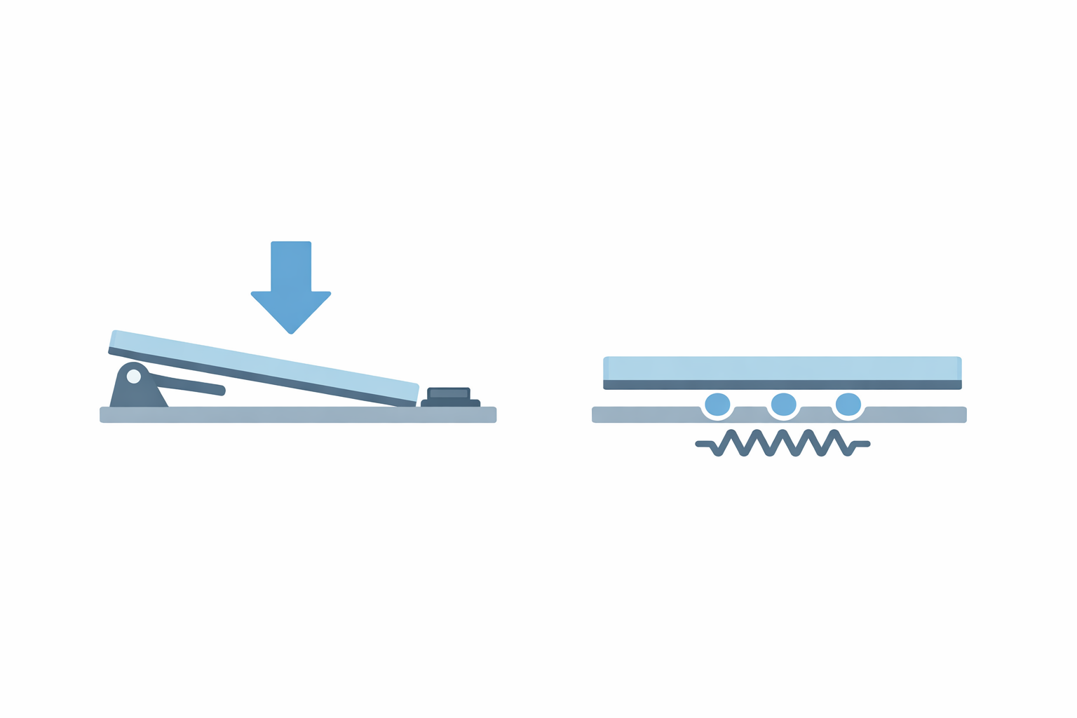 How a mechanical clickpad and a haptic touchpad differ internally Cross-section comparison of a mechanical clickpad with hinge and switch versus a haptic touchpad with force sensors and actuator