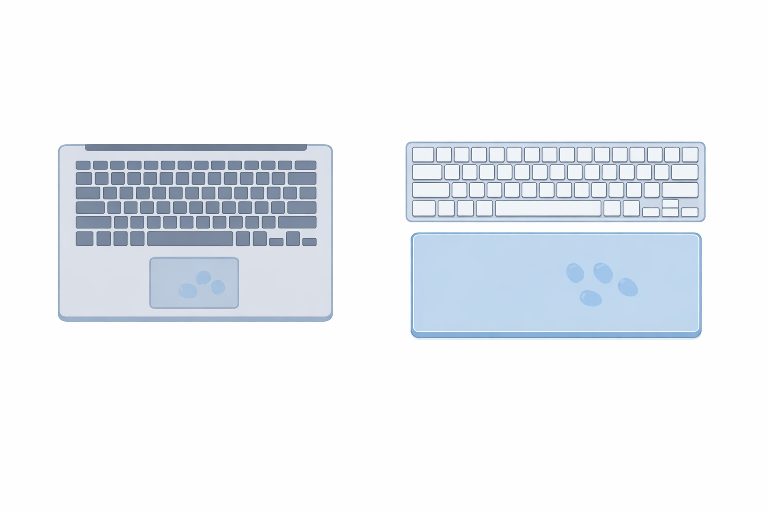 Side-by-side size comparison of a built-in laptop touchpad and the larger Apple Magic Trackpad surface
