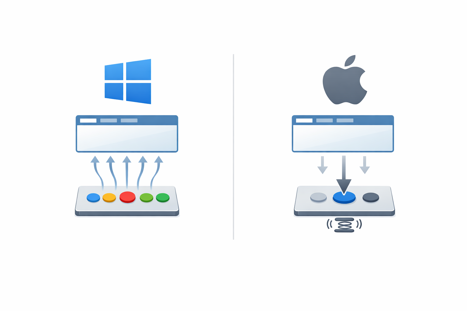 How PTP and Force Touch handle input differently Diagram comparing Windows Precision Touchpad gesture routing architecture with Apple Force Touch pressure sensing and Taptic Engine